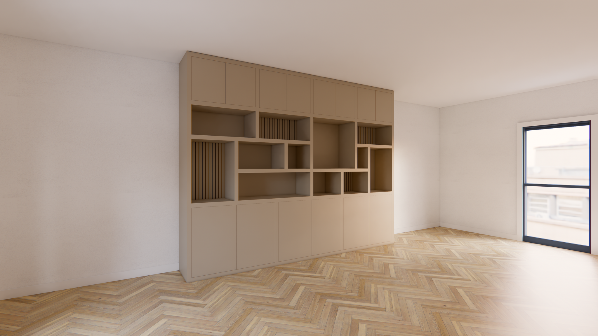 Kleiderschrank Karumba - 340x50x263H cm - geschlossene Türen - offene Fächer - Eichenpaneele - schlichte Ausführung