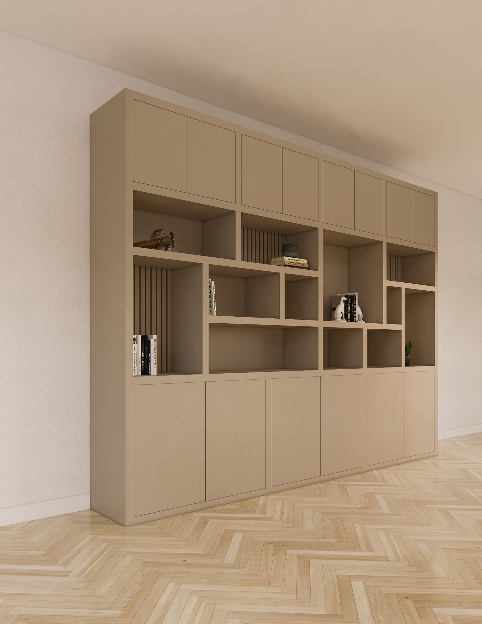 Kleiderschrank Karumba - 340x50x263H cm - geschlossene Türen - offene Fächer - Eichenpaneele - schlichte Ausführung