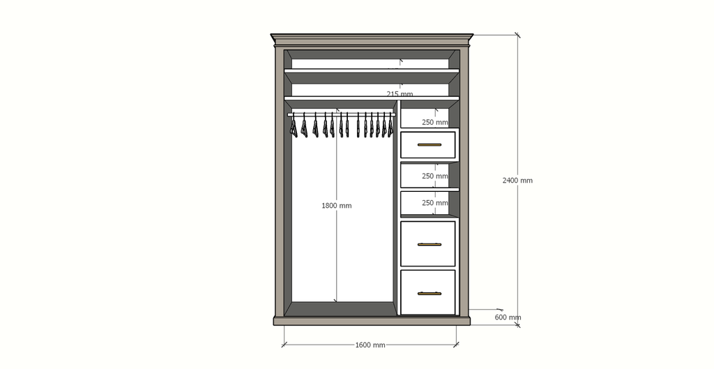 Teramo Kleiderschrank - 160x60x240H cm - 3 Türen - Kleiderstange - 3 Schubladen - Einlegeböden