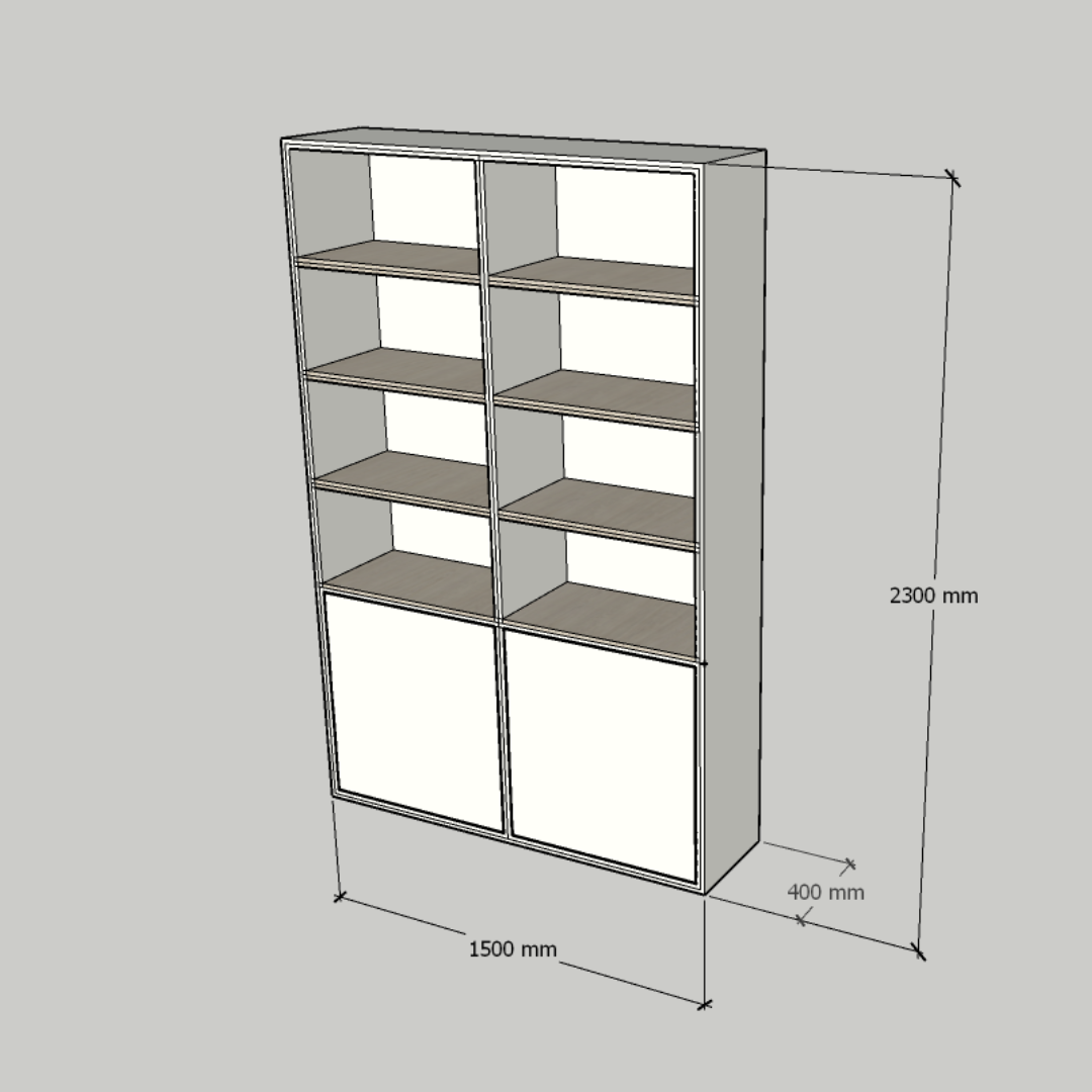 Bücherregal Glasgow - 150x40x230H cm - Bücherregal - Einlegeböden aus Eiche - schlankes Design - 2 grifflose push-to-open Türen