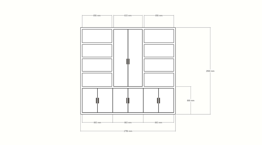 Kyoto Bücherregal - 275X55X250H cm - 8 Türen mit Griffen - 8 offene Fächer