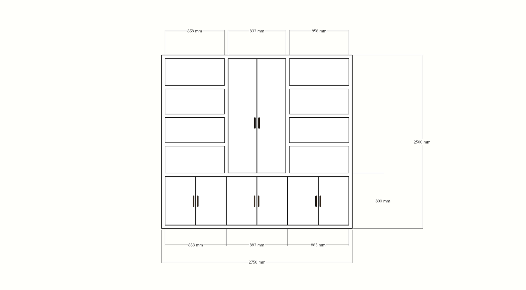 Kyoto Bücherregal - 275X55X250H cm - 8 Türen mit Griffen - 8 offene Fächer