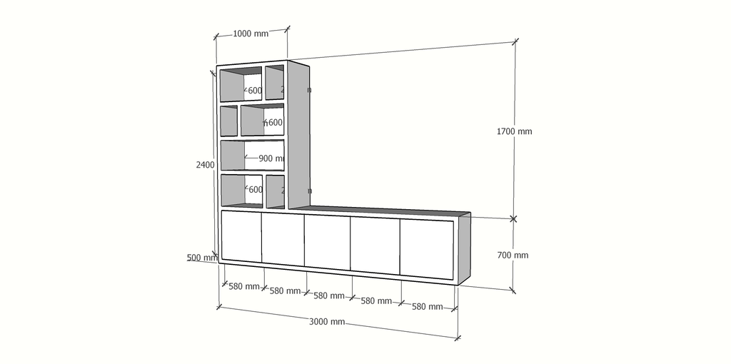 TV-Sideboard Lamego - 300x50x240H cm - 5 zu öffnende Türen - Fächerschrank