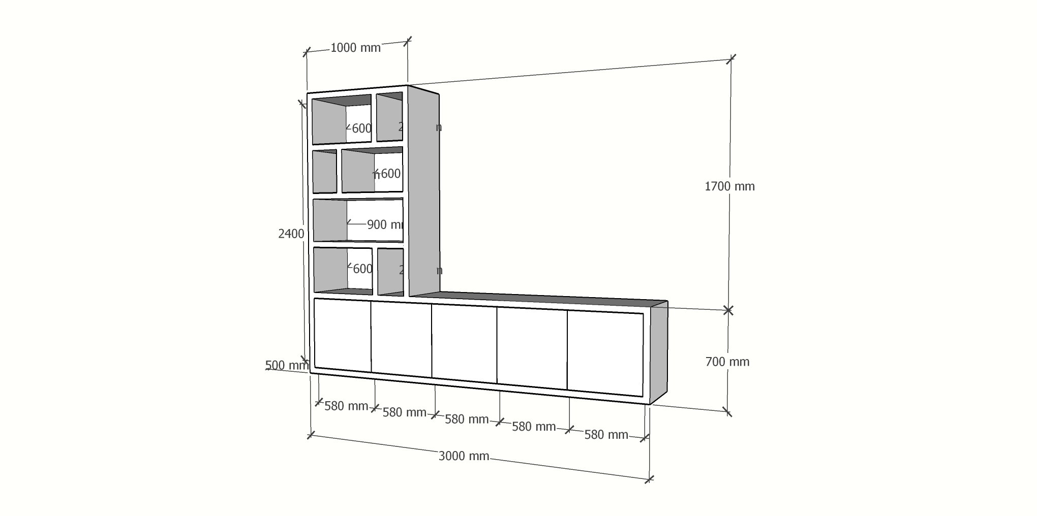 TV-Sideboard Lamego - 300x50x240H cm - 5 zu öffnende Türen - Fächerschrank