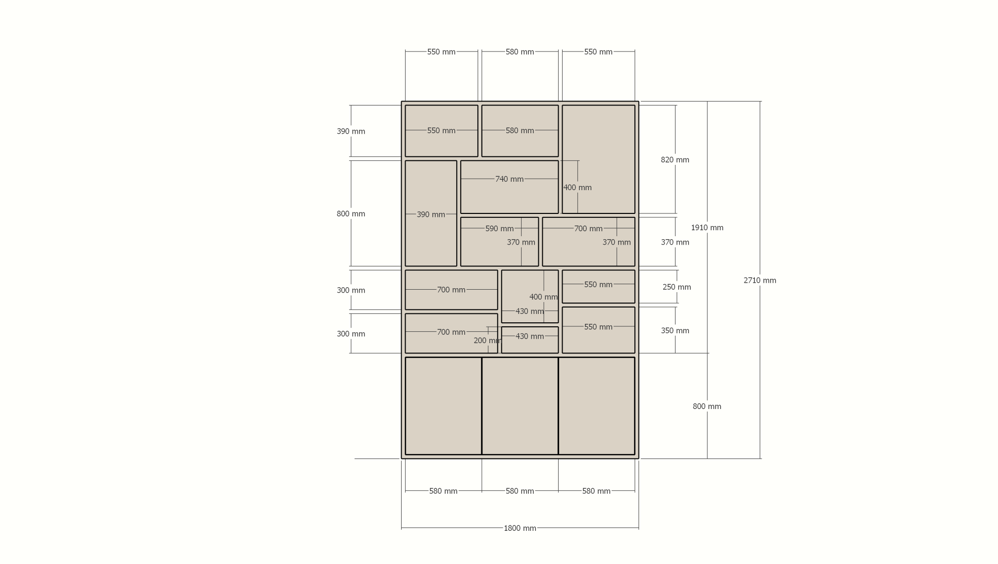 Fächerschrank Lecci - 180x40x271H cm - 3 Push-to-open-Türen - 3cm Fachbodenstärke