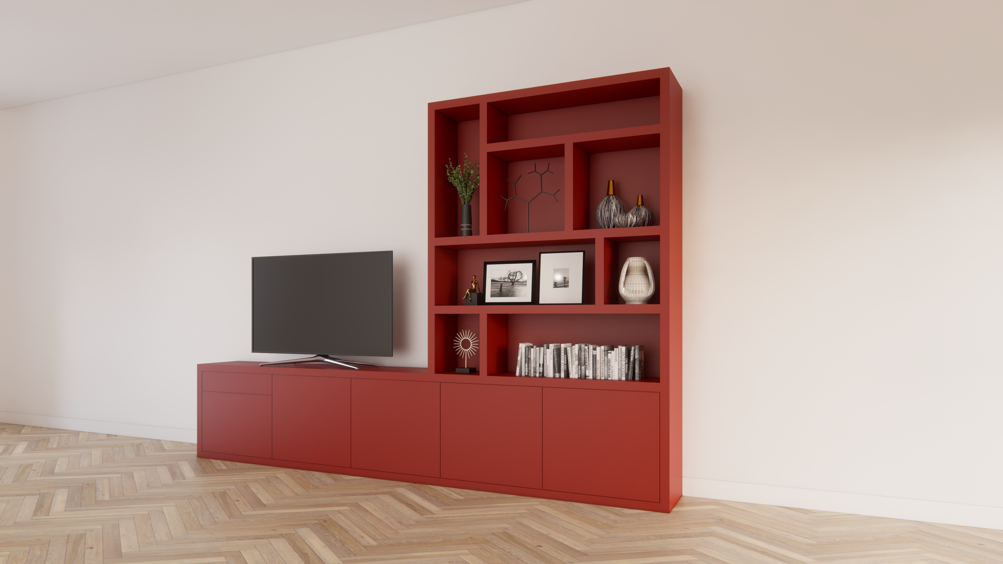 TV-Sideboard mit Fach Limoges - 350x40x240H cm - offene Fächer - Push-to-Open-Türen - Soft-Close-Schublade - 5cm Fachbodenstärke - schlichte Ausführung