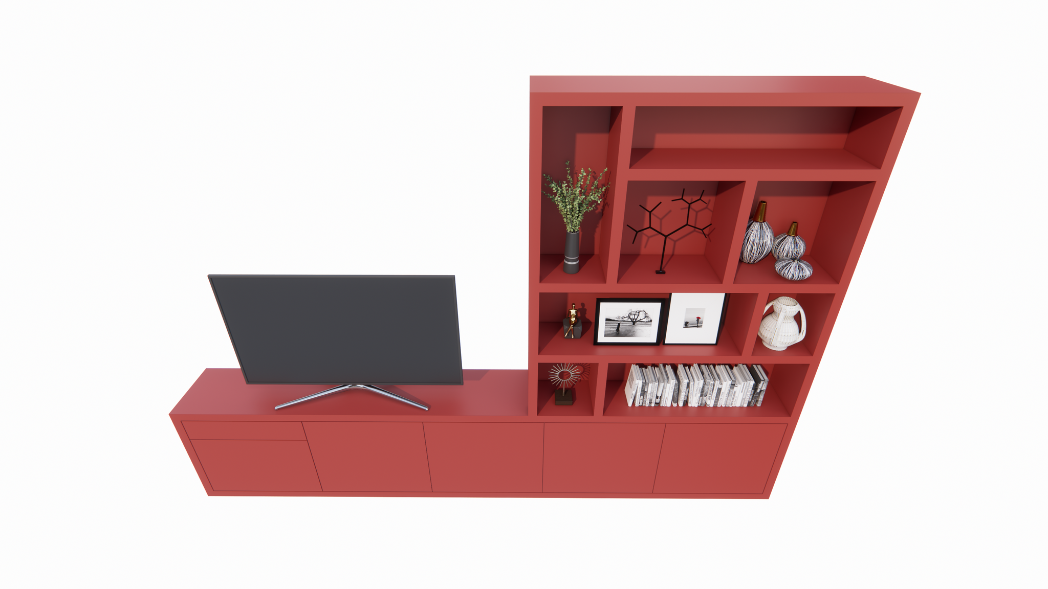 TV-Sideboard mit Fach Limoges - 350x40x240H cm - offene Fächer - Push-to-Open-Türen - Soft-Close-Schublade - 5cm Fachbodenstärke - schlichte Ausführung