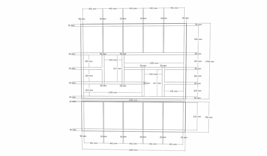 Liverpooler Fächerschrank - 240x40x240H cm - 5cm Fachbodenstärke - push to open Türen - schlankes Design - Türen im Oberschrank