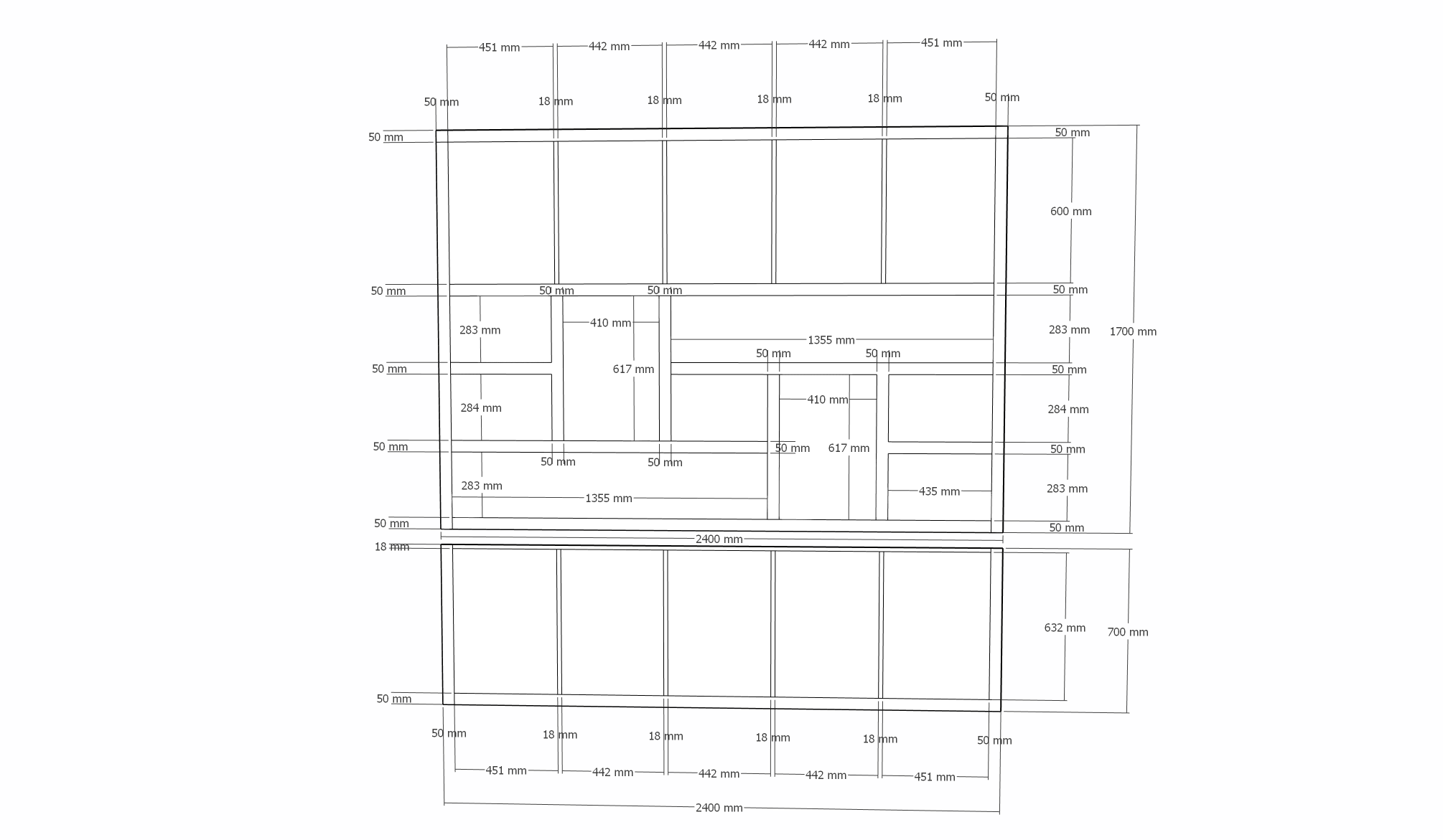 Liverpooler Fächerschrank - 240x40x240H cm - 5cm Fachbodenstärke - push to open Türen - schlankes Design - Türen im Oberschrank