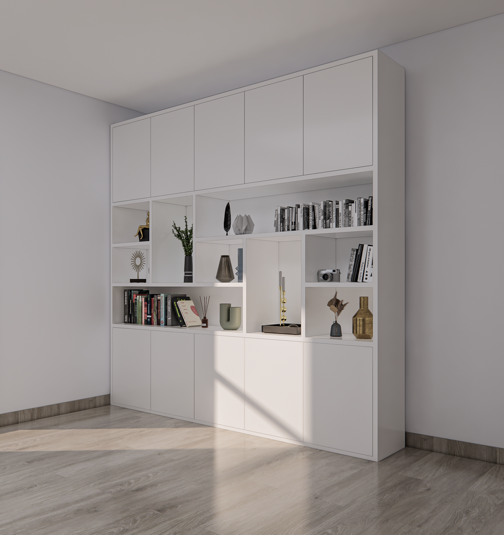 Liverpooler Fächerschrank - 240x40x240H cm - 5cm Fachbodenstärke - push to open Türen - schlankes Design - Türen im Oberschrank