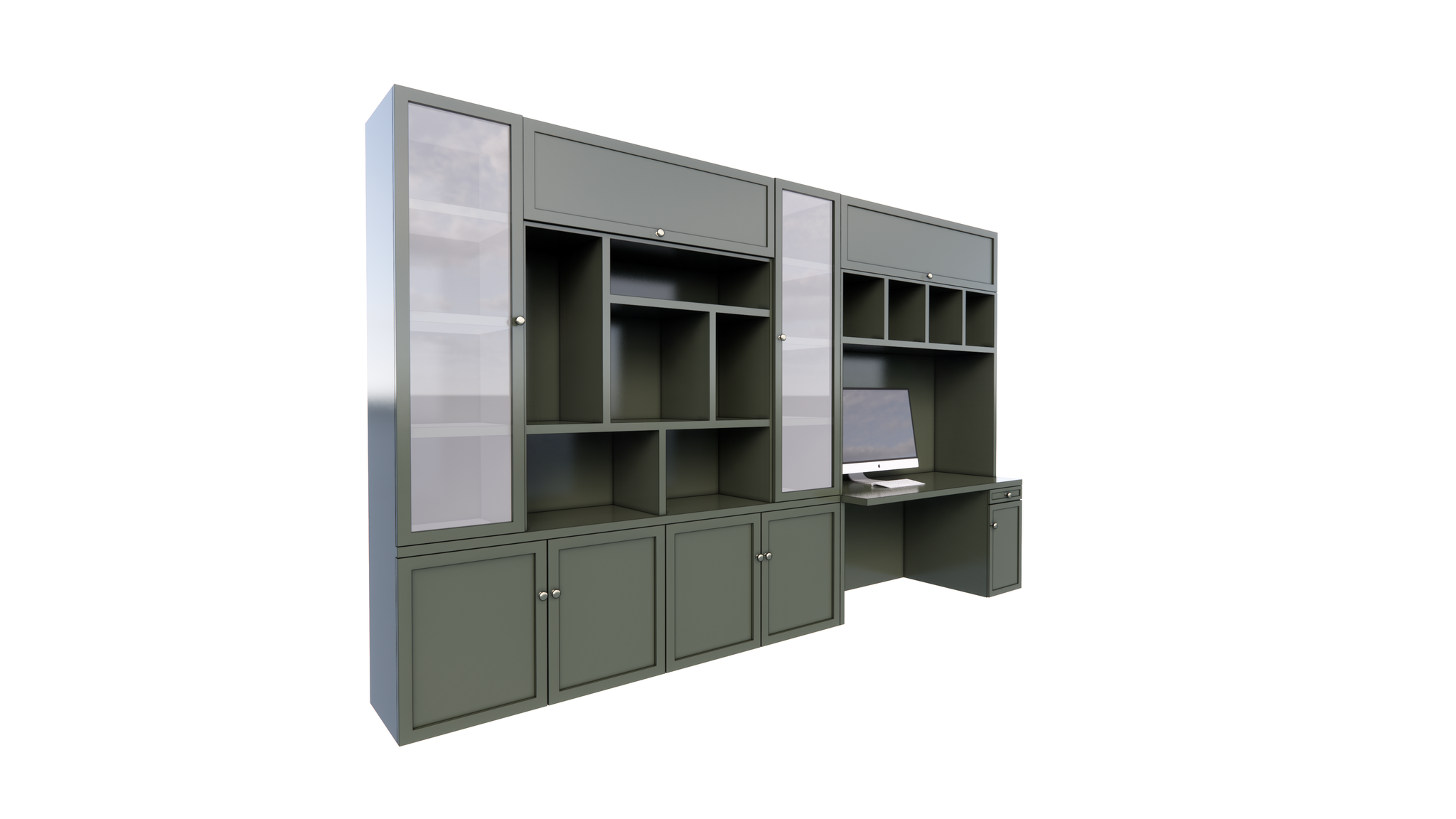 Fächerschrank / Schreibtisch Luxemburg - 400x50/70x250H cm - Fächerschrank mit eingebautem Schreibtisch - mit Glastüren - mit geschlossenen Klapptüren -