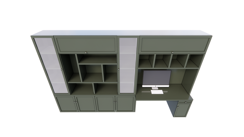 Fächerschrank / Schreibtisch Luxemburg - 400x50/70x250H cm - Fächerschrank mit eingebautem Schreibtisch - mit Glastüren - mit geschlossenen Klapptüren -