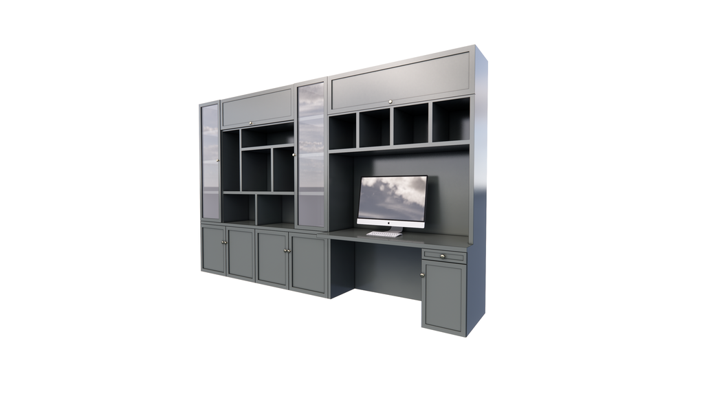 Fächerschrank / Schreibtisch Luxemburg - 400x50/70x250H cm - Fächerschrank mit eingebautem Schreibtisch - mit Glastüren - mit geschlossenen Klapptüren -