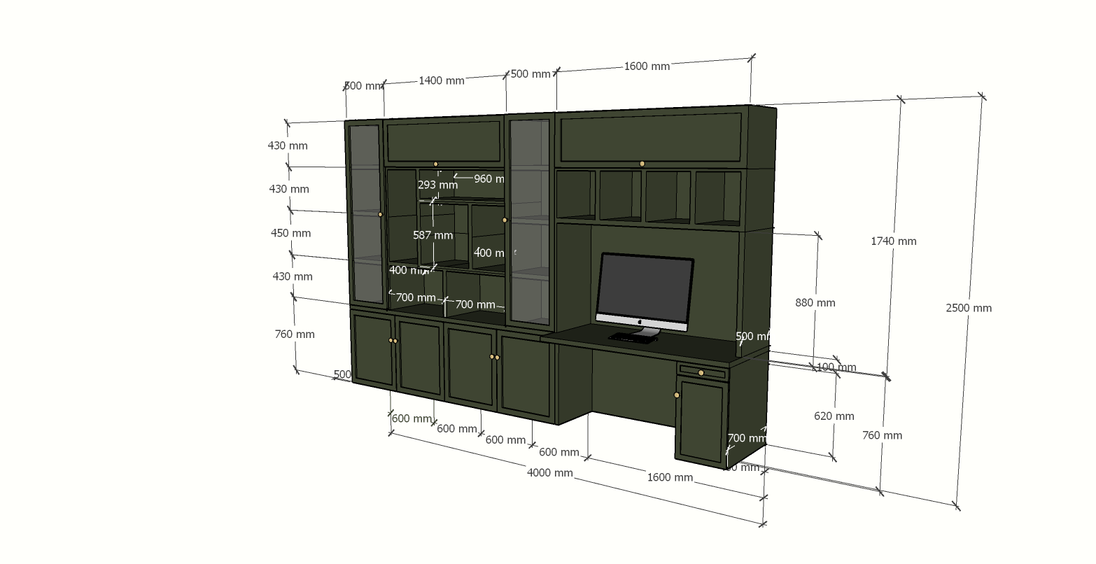 Fächerschrank / Schreibtisch Luxemburg - 400x50/70x250H cm - Fächerschrank mit eingebautem Schreibtisch - mit Glastüren - mit geschlossenen Klapptüren -