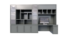 Fächerschrank / Schreibtisch Luxemburg - 400x50/70x250H cm - Fächerschrank mit eingebautem Schreibtisch - mit Glastüren - mit geschlossenen Klapptüren -