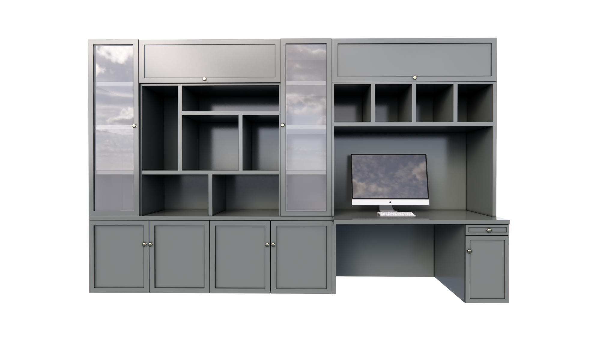 Fächerschrank / Schreibtisch Luxemburg - 400x50/70x250H cm - Fächerschrank mit eingebautem Schreibtisch - mit Glastüren - mit geschlossenen Klapptüren -