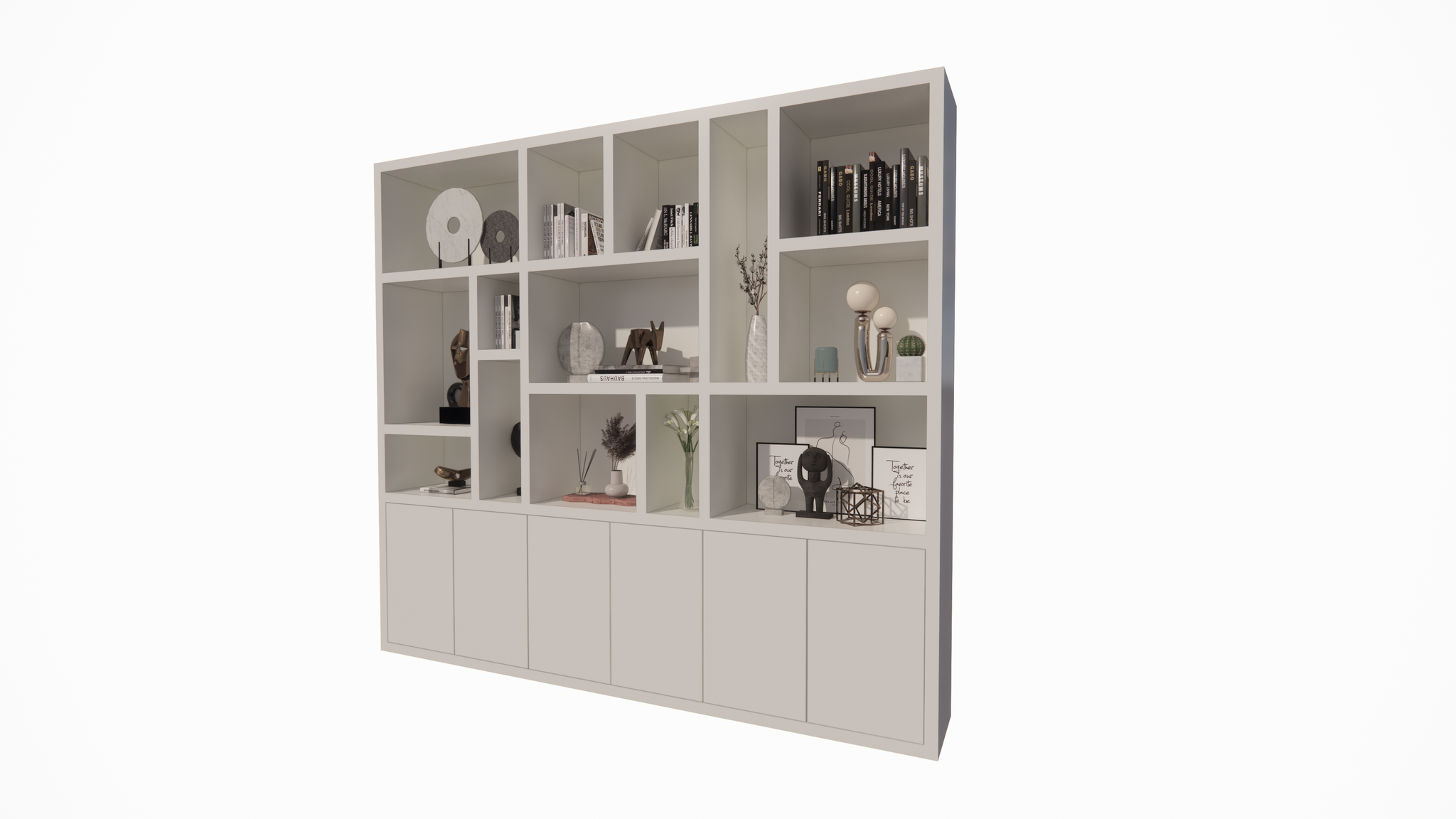 Madrid Regal - 280x40x240H cm - 5cm Fachbodenstärke - schlankes Design - 6 grifflose Push-to-Open-Türen - offene Regale