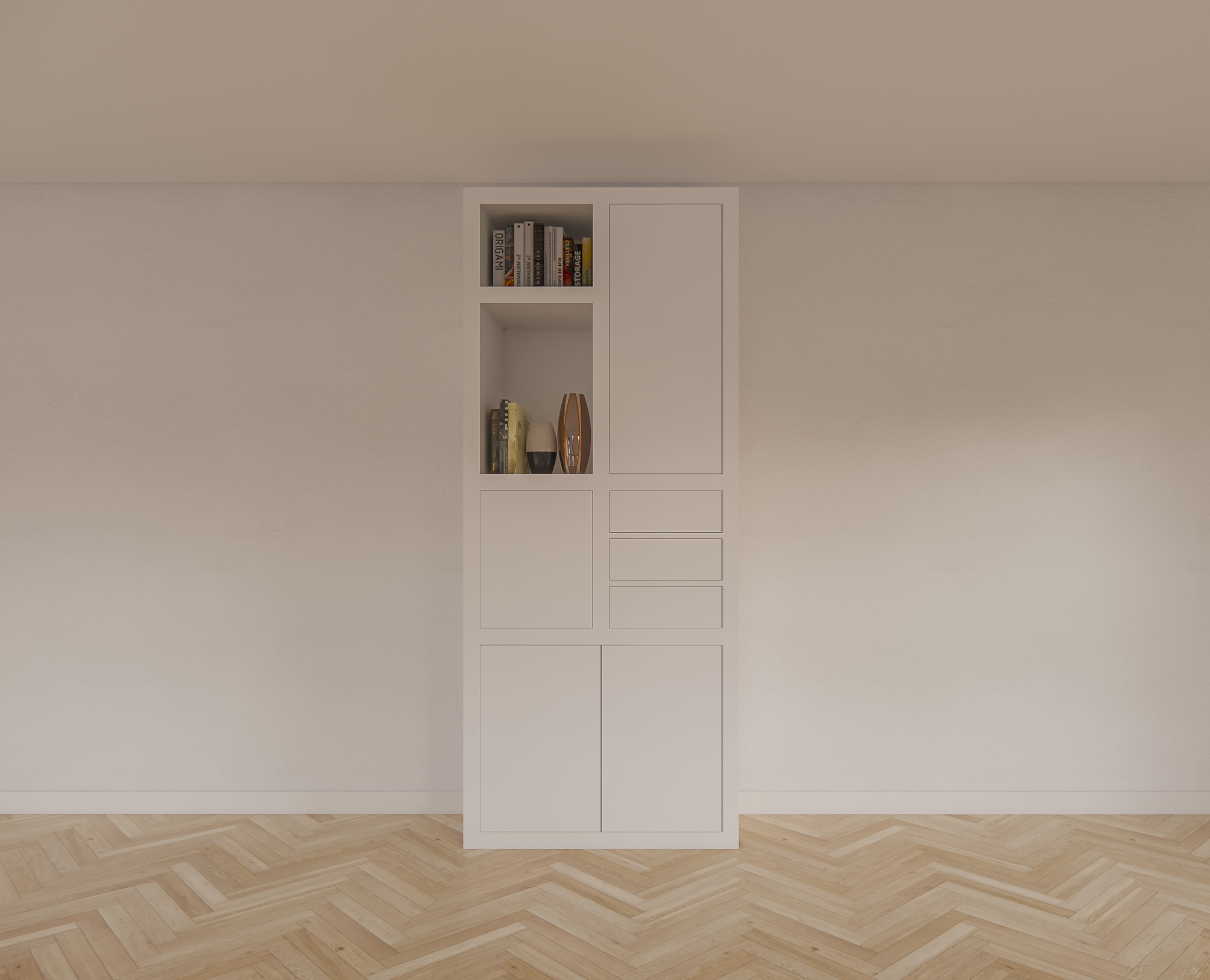 Fächerschrank Mafra 02 - 100x40x240H cm - 6cm Fachbodenstärke - geschlossene Türen im Oberschrank - mit 3 Push-to-open-Schubladen