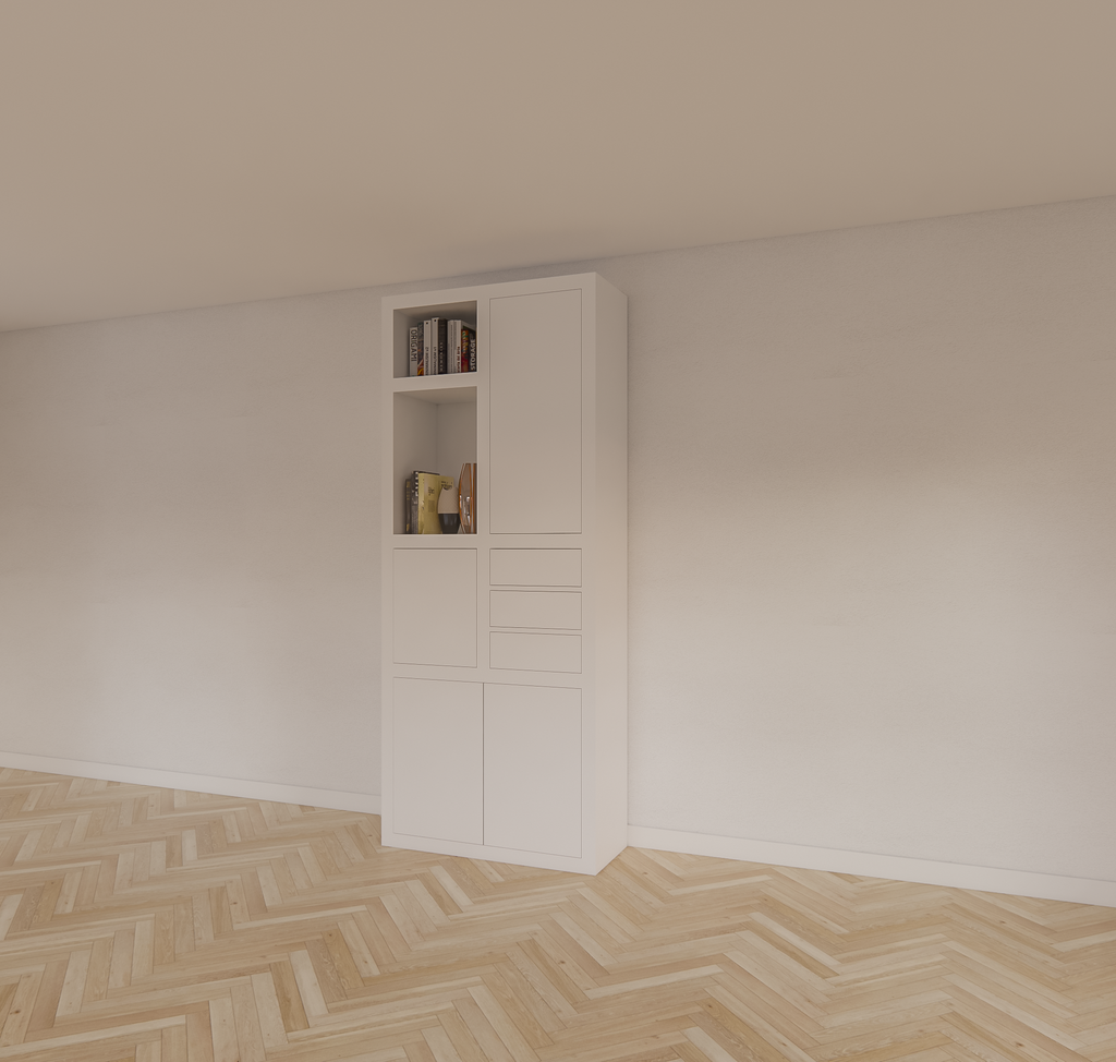Fächerschrank Mafra 02 - 100x40x240H cm - 6cm Fachbodenstärke - geschlossene Türen im Oberschrank - mit 3 Push-to-open-Schubladen