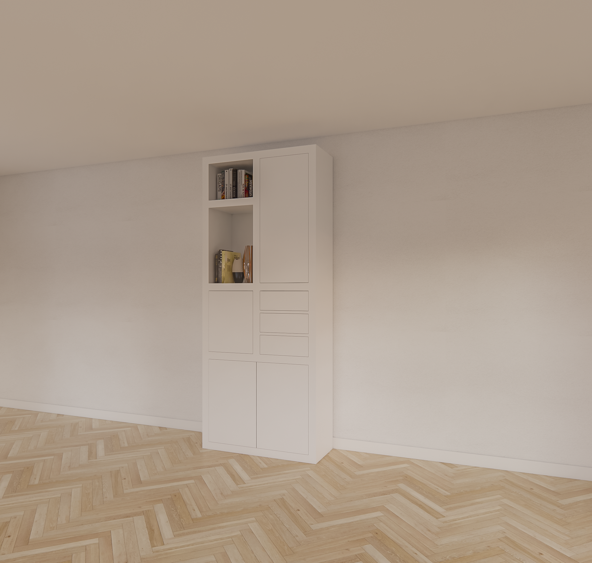 Fächerschrank Mafra 02 - 100x40x240H cm - 6cm Fachbodenstärke - geschlossene Türen im Oberschrank - mit 3 Push-to-open-Schubladen