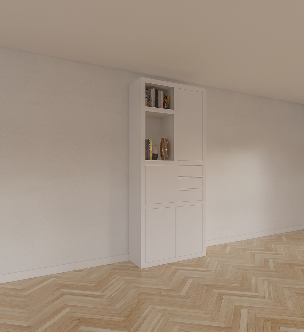 Fächerschrank Mafra 02 - 100x40x240H cm - 6cm Fachbodenstärke - geschlossene Türen im Oberschrank - mit 3 Push-to-open-Schubladen