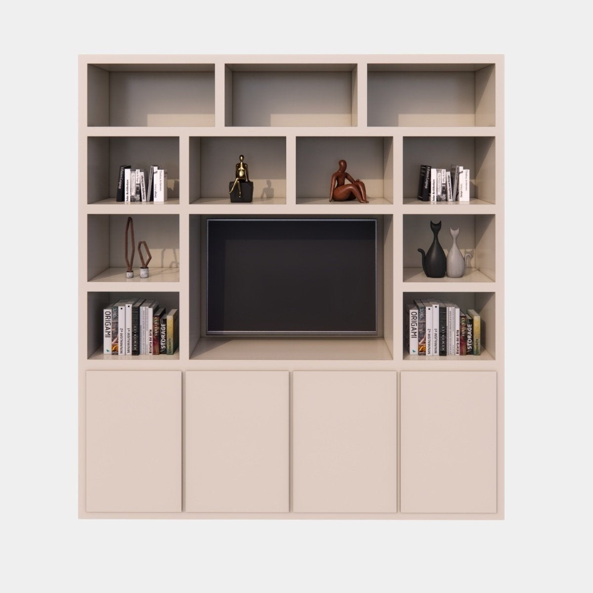 Manhattan 05 Fächerschrank - 220x40x240H cm - schlankes Design - 4 push-to-open Türen - offene Fächer - Cinewall - mit TV Kabelloch - grifflose Türen - 5cm Fachbodenstärke