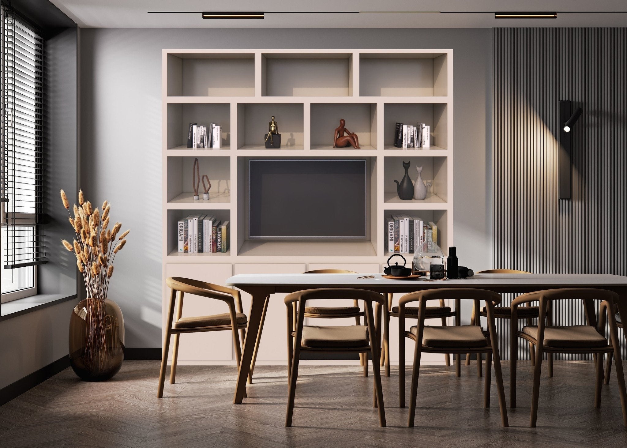 Manhattan 05 Fächerschrank - 220x40x240H cm - schlankes Design - 4 push-to-open Türen - offene Fächer - Cinewall - mit TV Kabelloch - grifflose Türen - 5cm Fachbodenstärke