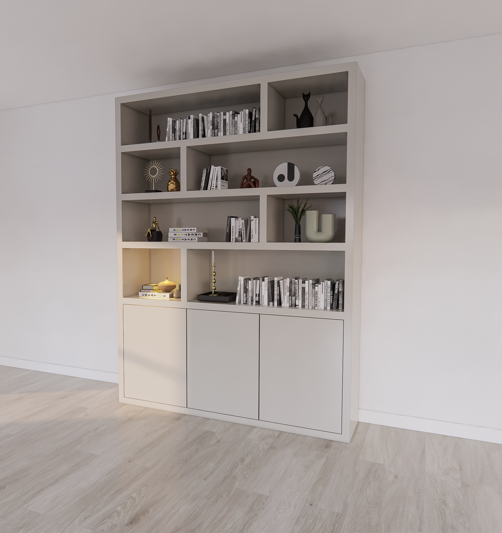 Manhattan 11 Regal - 180x40x240H cm - dichtes Design - offene Regale - 3 grifflose Push-to-Open-Türen - 5cm Fachbodenstärke
