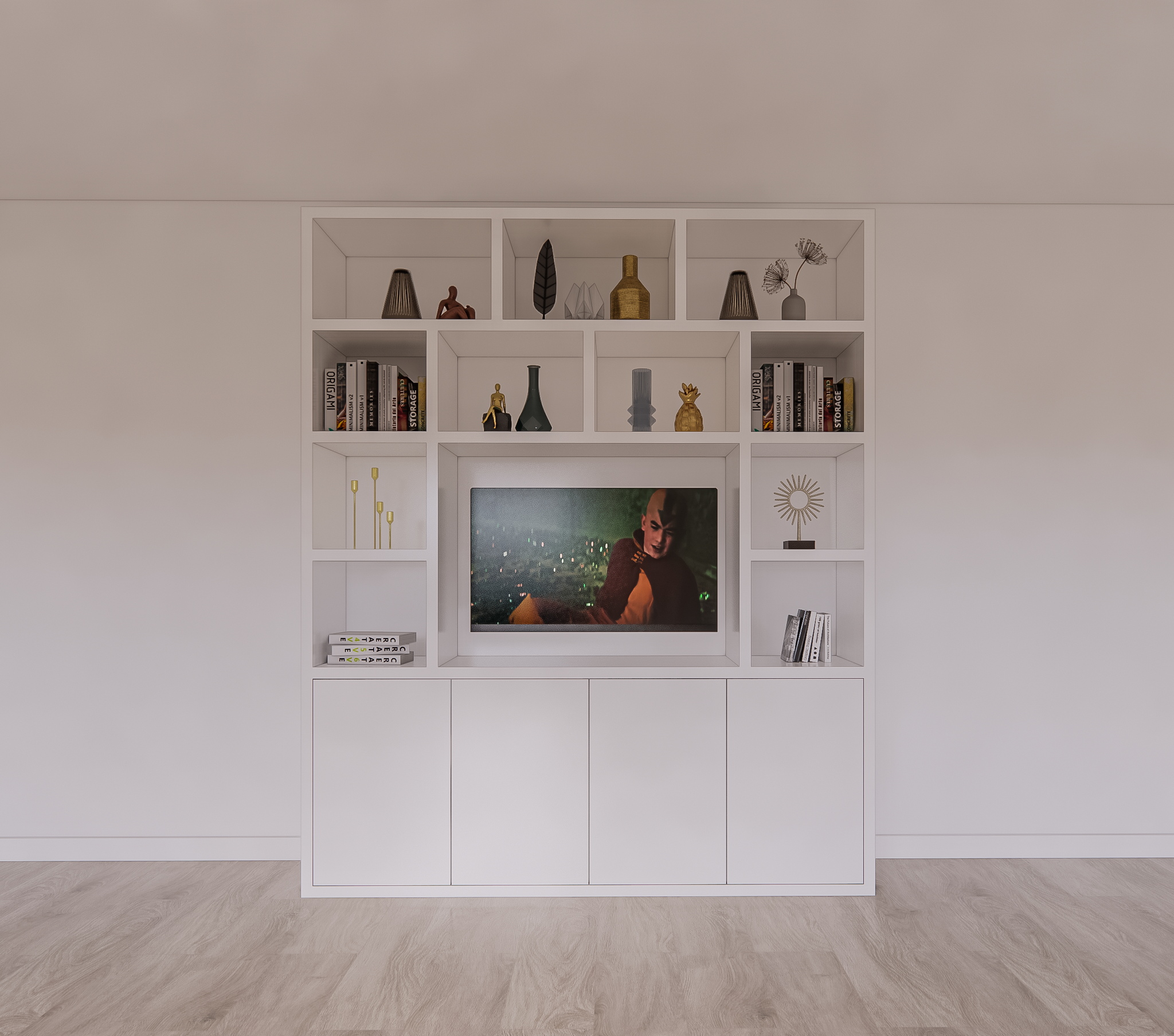 Tv/Vakkenkast Manhattan 12 - 200x40x240H cm - Cinewall - TV-Fach - offene Einlegeböden - schlankes Design - 5cm Einlegebodenstärke - 4 grifflose push to open Türen