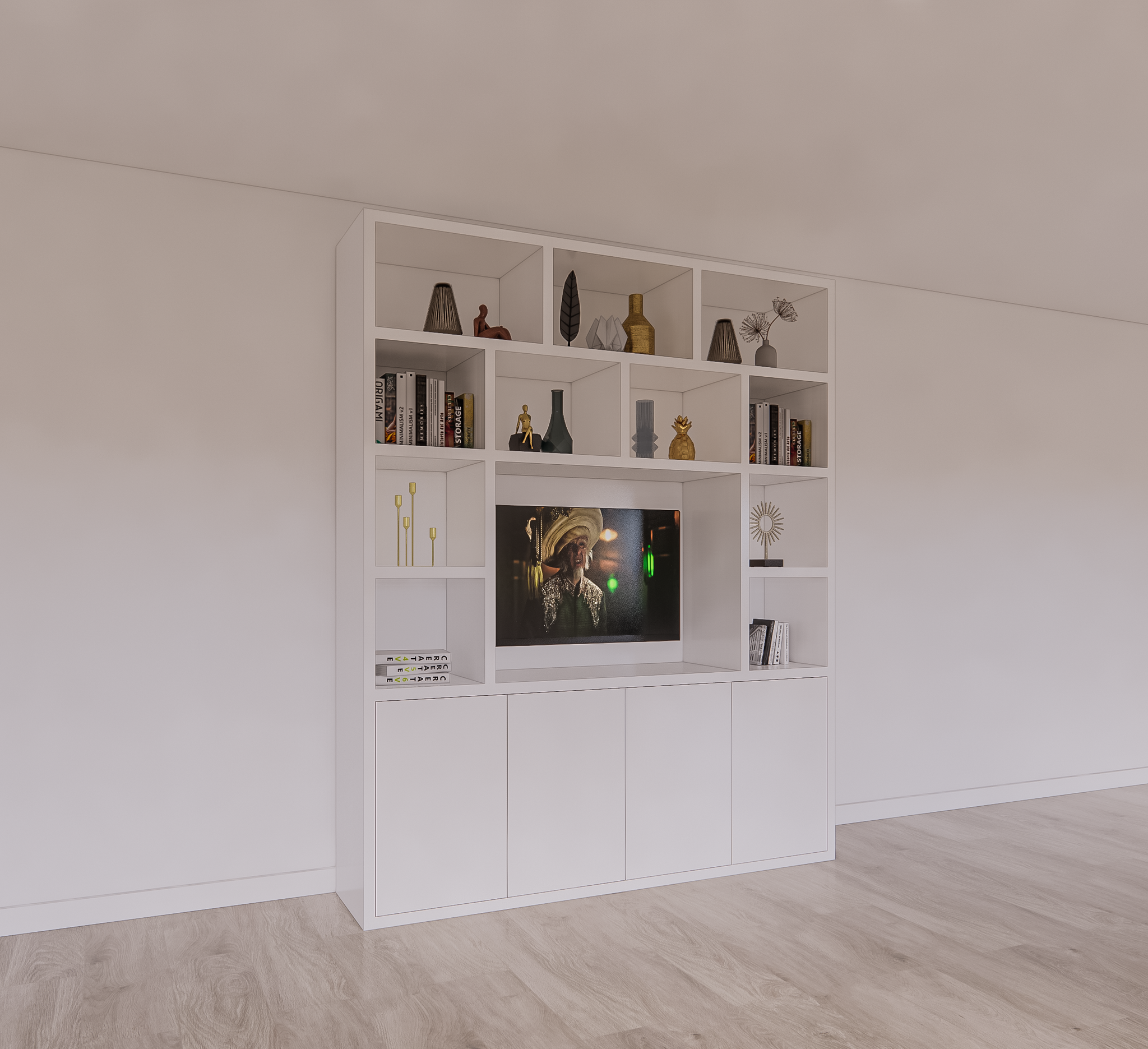 Tv/Vakkenkast Manhattan 12 - 200x40x240H cm - Cinewall - TV-Fach - offene Einlegeböden - schlankes Design - 5cm Einlegebodenstärke - 4 grifflose push to open Türen