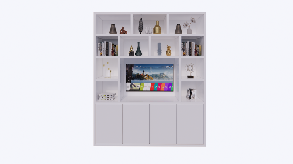 Tv/Vakkenkast Manhattan 12 - 200x40x240H cm - Cinewall - TV-Fach - offene Einlegeböden - schlankes Design - 5cm Einlegebodenstärke - 4 grifflose push to open Türen