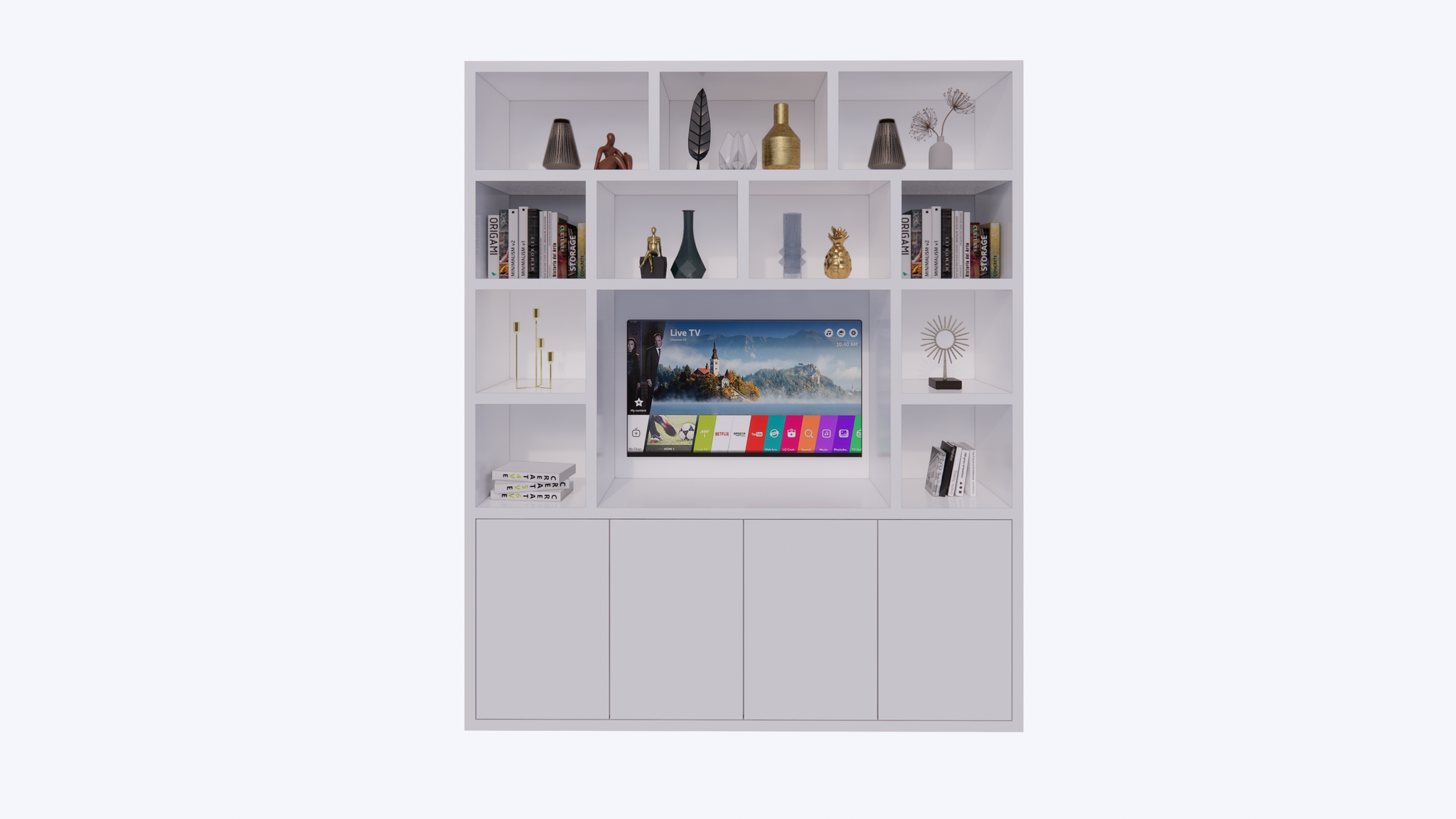Tv/Vakkenkast Manhattan 12 - 200x40x240H cm - Cinewall - TV-Fach - offene Einlegeböden - schlankes Design - 5cm Einlegebodenstärke - 4 grifflose push to open Türen