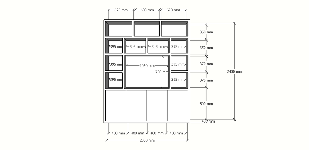 Tv/Vakkenkast Manhattan 12 - 200x40x240H cm - Cinewall - TV-Fach - offene Einlegeböden - schlankes Design - 5cm Einlegebodenstärke - 4 grifflose push to open Türen