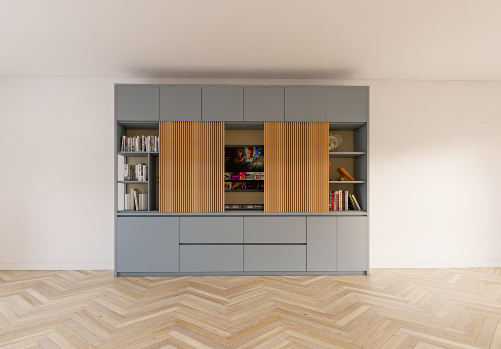 Fächerschrank Maputo - 320x40x240H cm - Eichenpaneele - Push-to-open-Türen - schlichte Ausführung