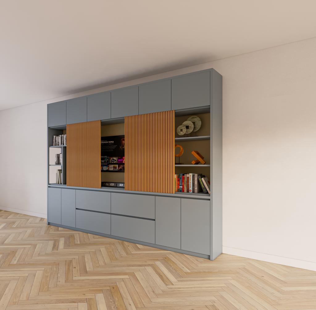 Fächerschrank Maputo - 320x40x240H cm - Eichenpaneele - Push-to-open-Türen - schlichte Ausführung