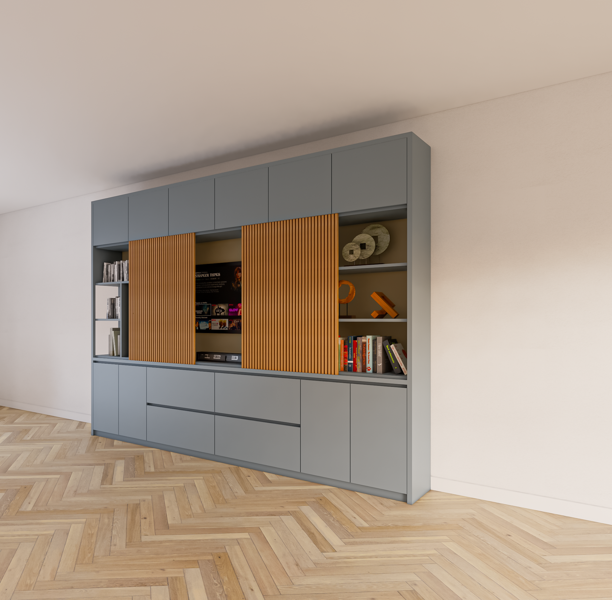 Fächerschrank Maputo - 320x40x240H cm - Eichenpaneele - Push-to-open-Türen - schlichte Ausführung