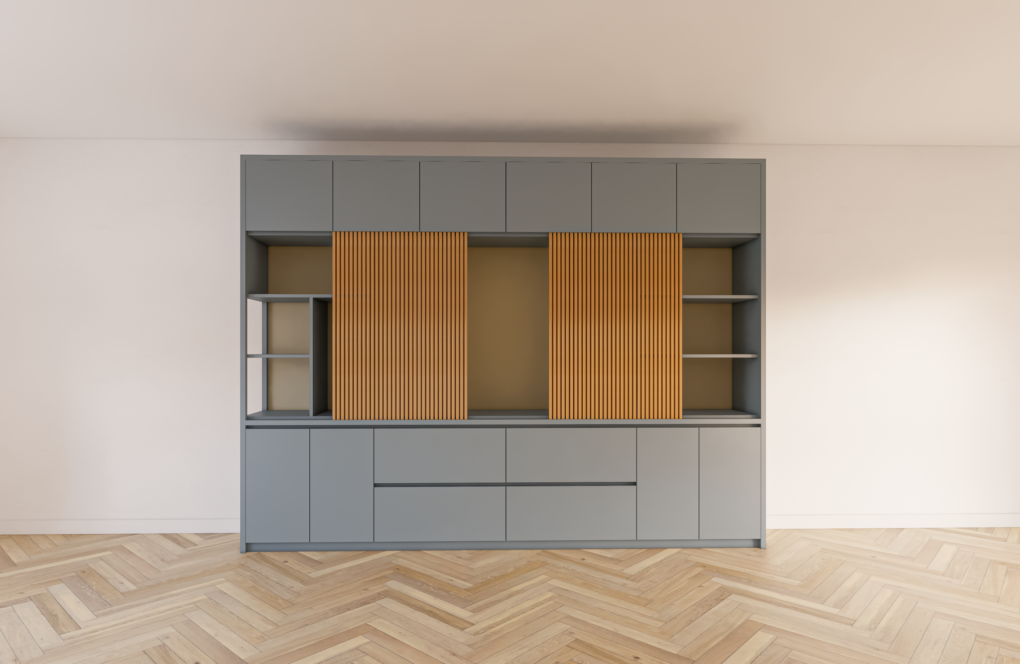 Fächerschrank Maputo - 320x40x240H cm - Eichenpaneele - Push-to-open-Türen - schlichte Ausführung
