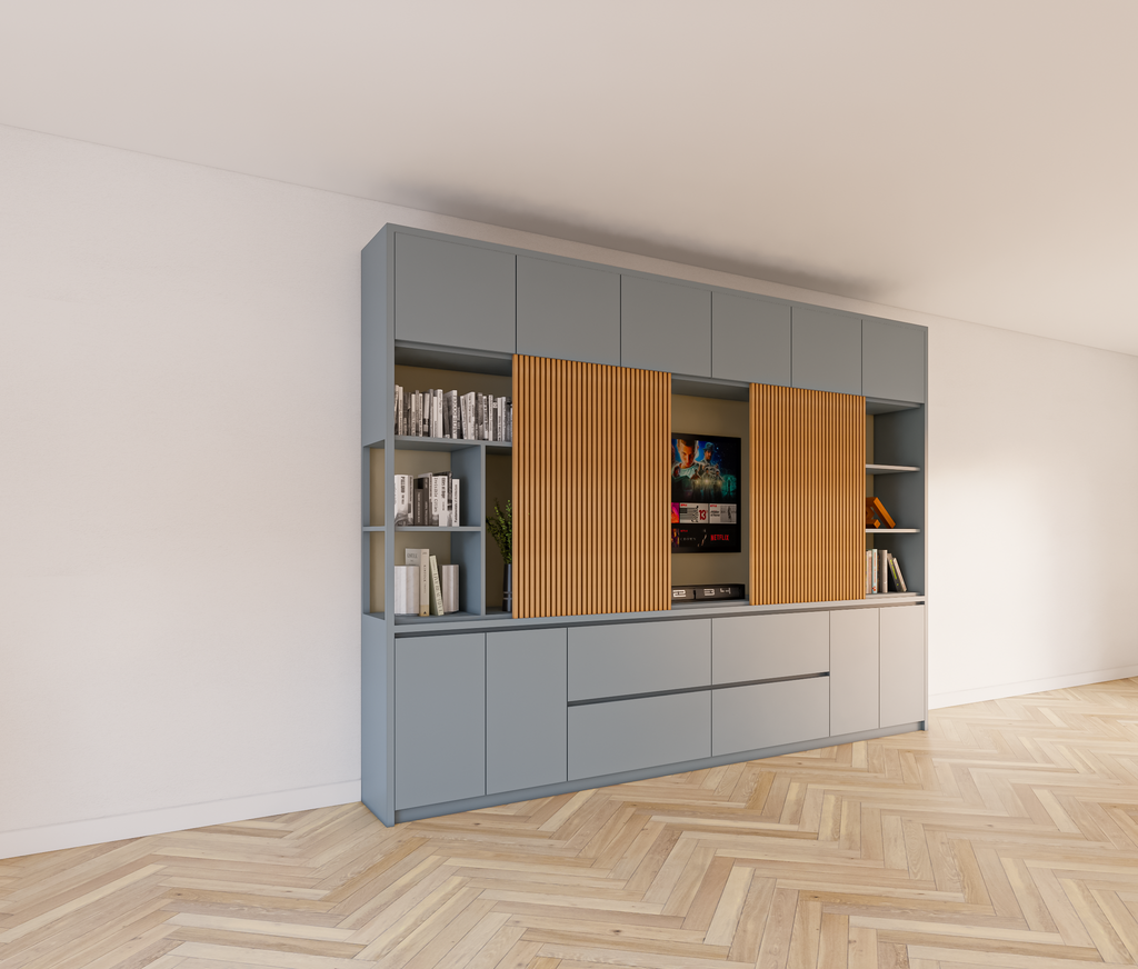 Fächerschrank Maputo - 320x40x240H cm - Eichenpaneele - Push-to-open-Türen - schlichte Ausführung