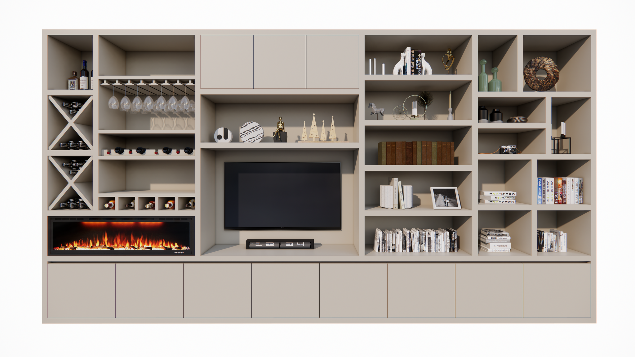 Marle Fachschrank - 490x40x260H - (Preis auf Anfrage) - Kamin - Weinregal - push to open Türen - 5cm Fachbodenstärke