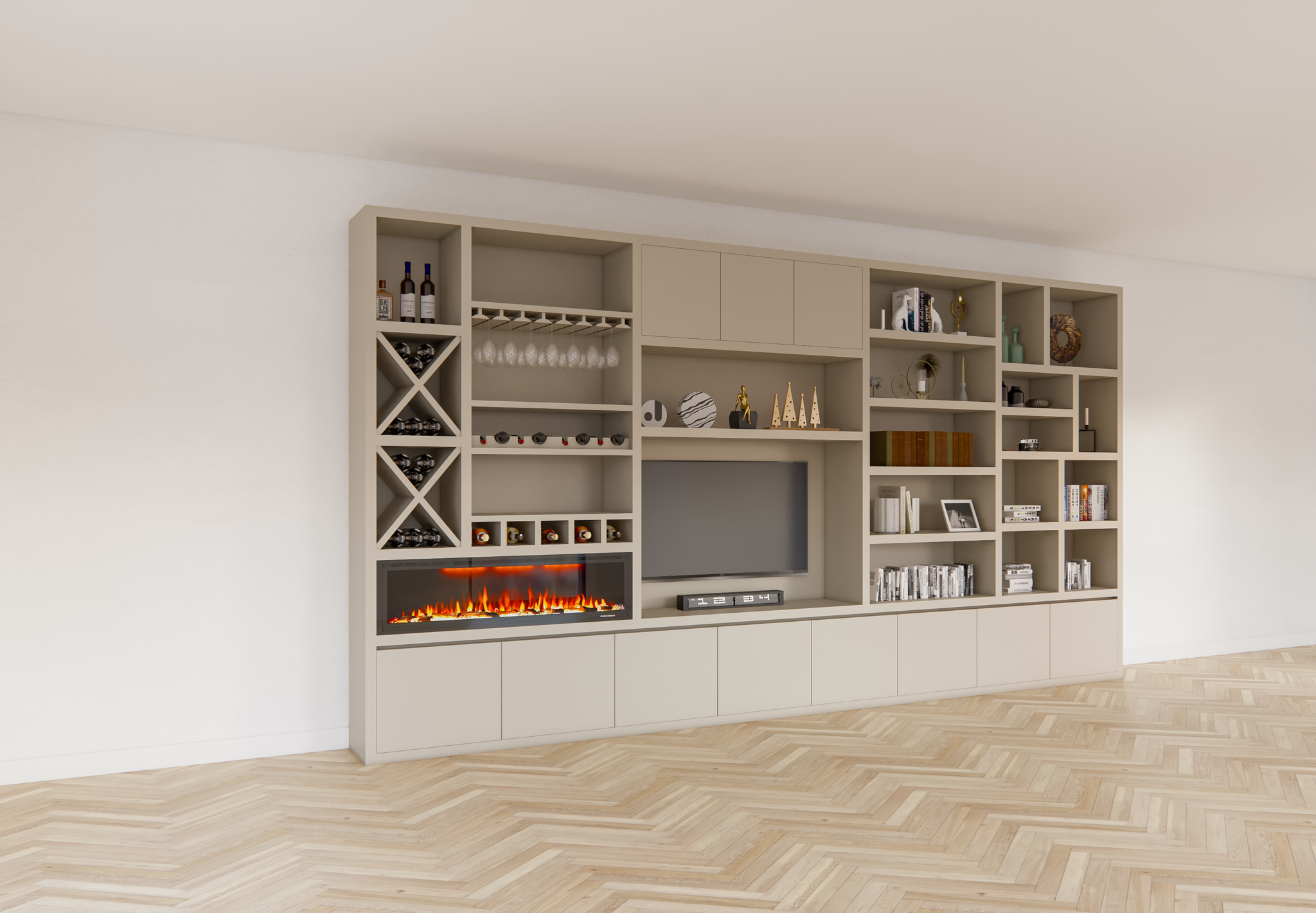 Marle Fachschrank - 490x40x260H - (Preis auf Anfrage) - Kamin - Weinregal - push to open Türen - 5cm Fachbodenstärke