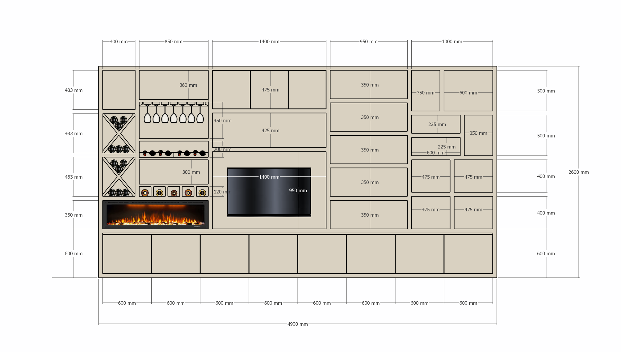 Marle Fachschrank - 490x40x260H - (Preis auf Anfrage) - Kamin - Weinregal - push to open Türen - 5cm Fachbodenstärke