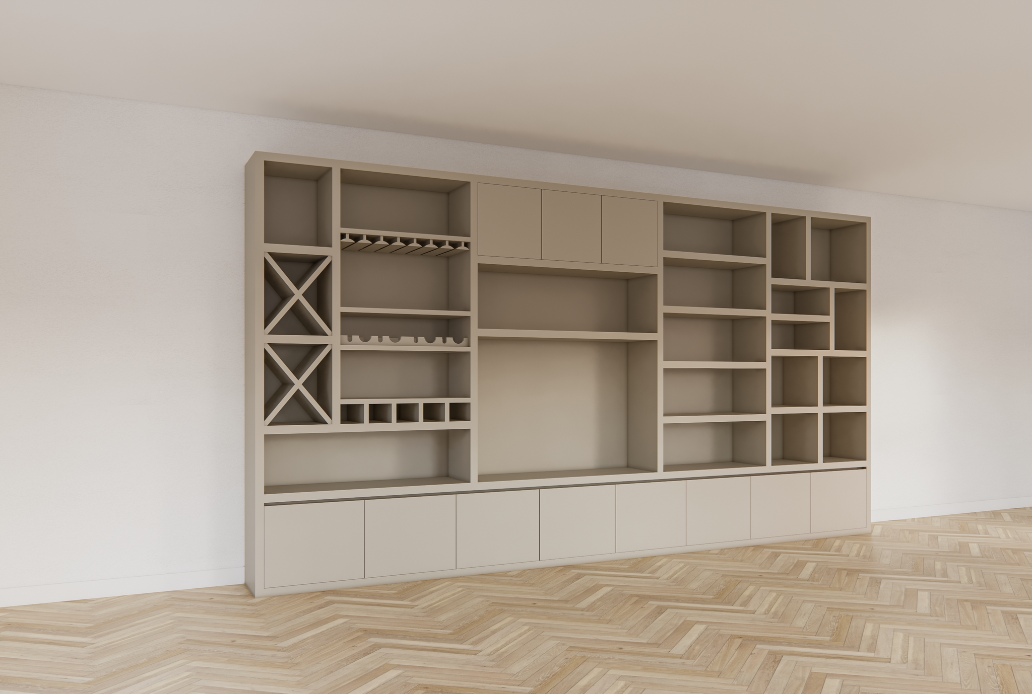 Marle Fachschrank - 490x40x260H - (Preis auf Anfrage) - Kamin - Weinregal - push to open Türen - 5cm Fachbodenstärke