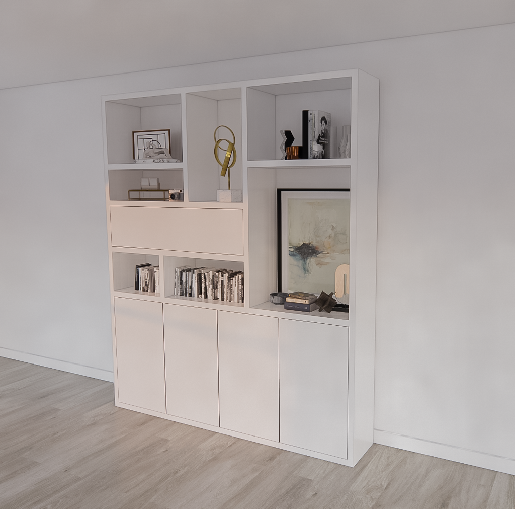 Regal Mastella - 2M - 200x35x235H cm - Klapptür im Oberschrank - offene Regale - schlankes Design - 4 push-to-open Türen - 4cm Fachbodenstärke