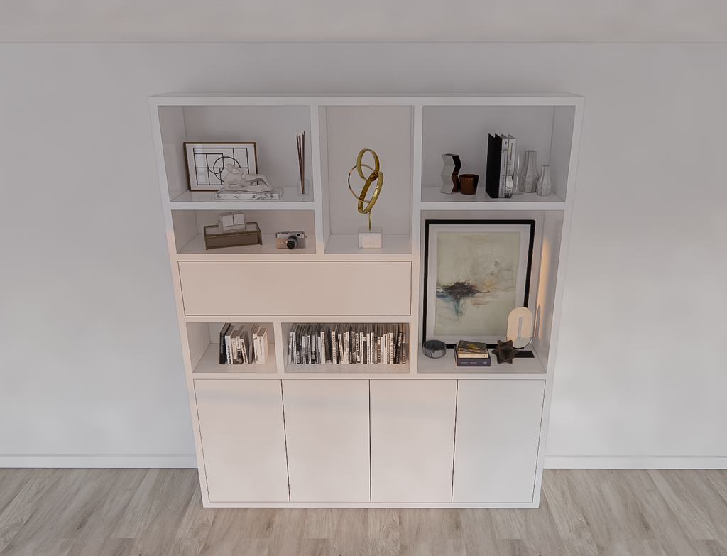 Regal Mastella - 2M - 200x35x235H cm - Klapptür im Oberschrank - offene Regale - schlankes Design - 4 push-to-open Türen - 4cm Fachbodenstärke