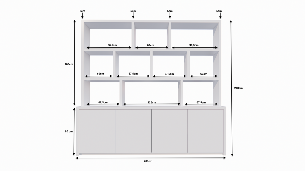 Fächerschrank Corsica - 280x20/40x240H cm - 5cm Fachbodenstärke - push-to-open Türen - offene Fächer - ohne Rückwand - schlichte Ausführung