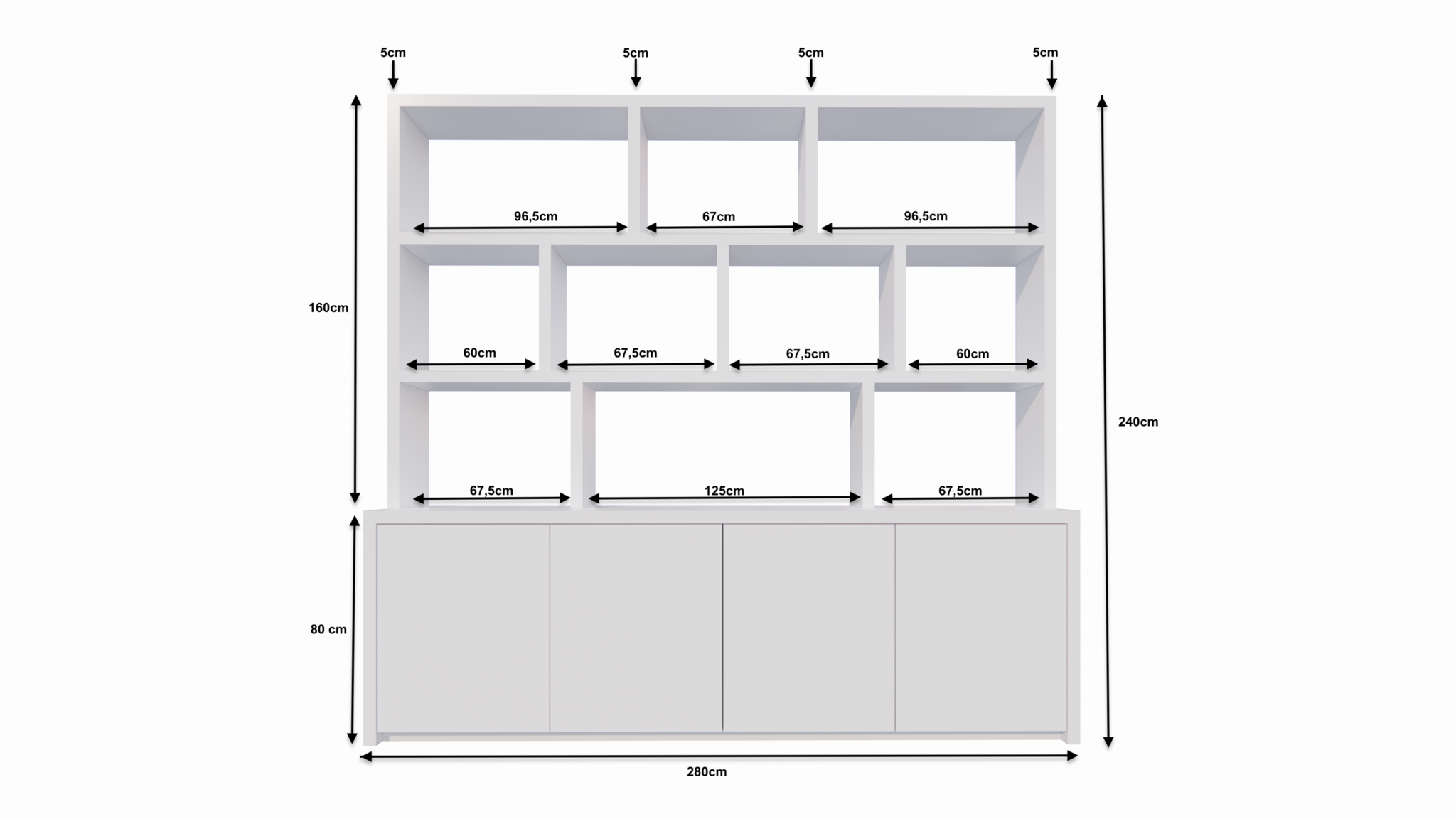 Fächerschrank Corsica - 280x20/40x240H cm - 5cm Fachbodenstärke - push-to-open Türen - offene Fächer - ohne Rückwand - schlichte Ausführung