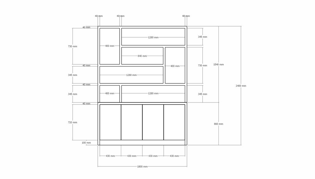 Matera Fächerschrank - 180x30/40x240H cm - teilweise Eiche innen - push-to-open Türen - schlankes Design