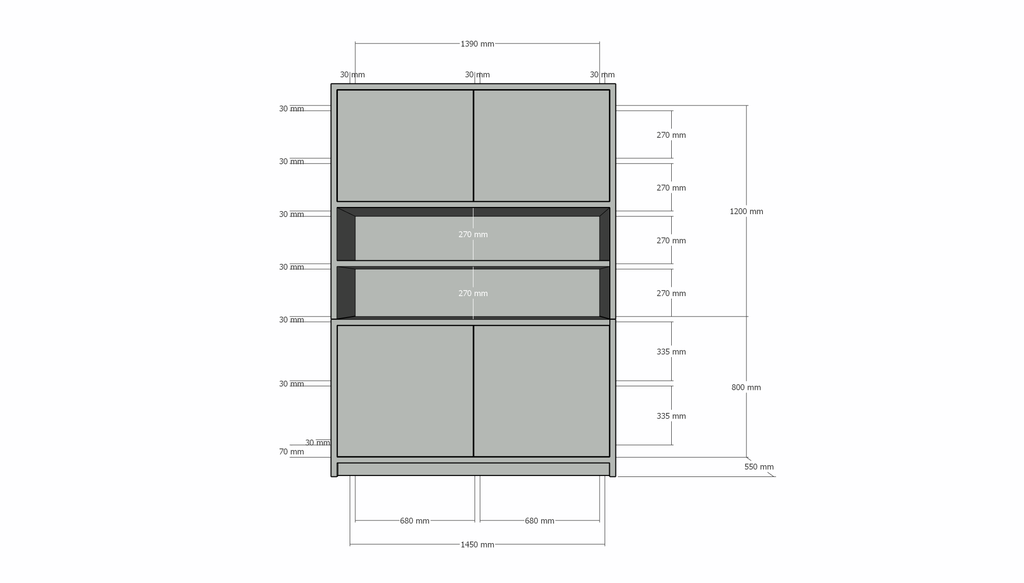 Fächerschrank Mende - 145x55x200H cm - push-to-open Türen - offenes Fach