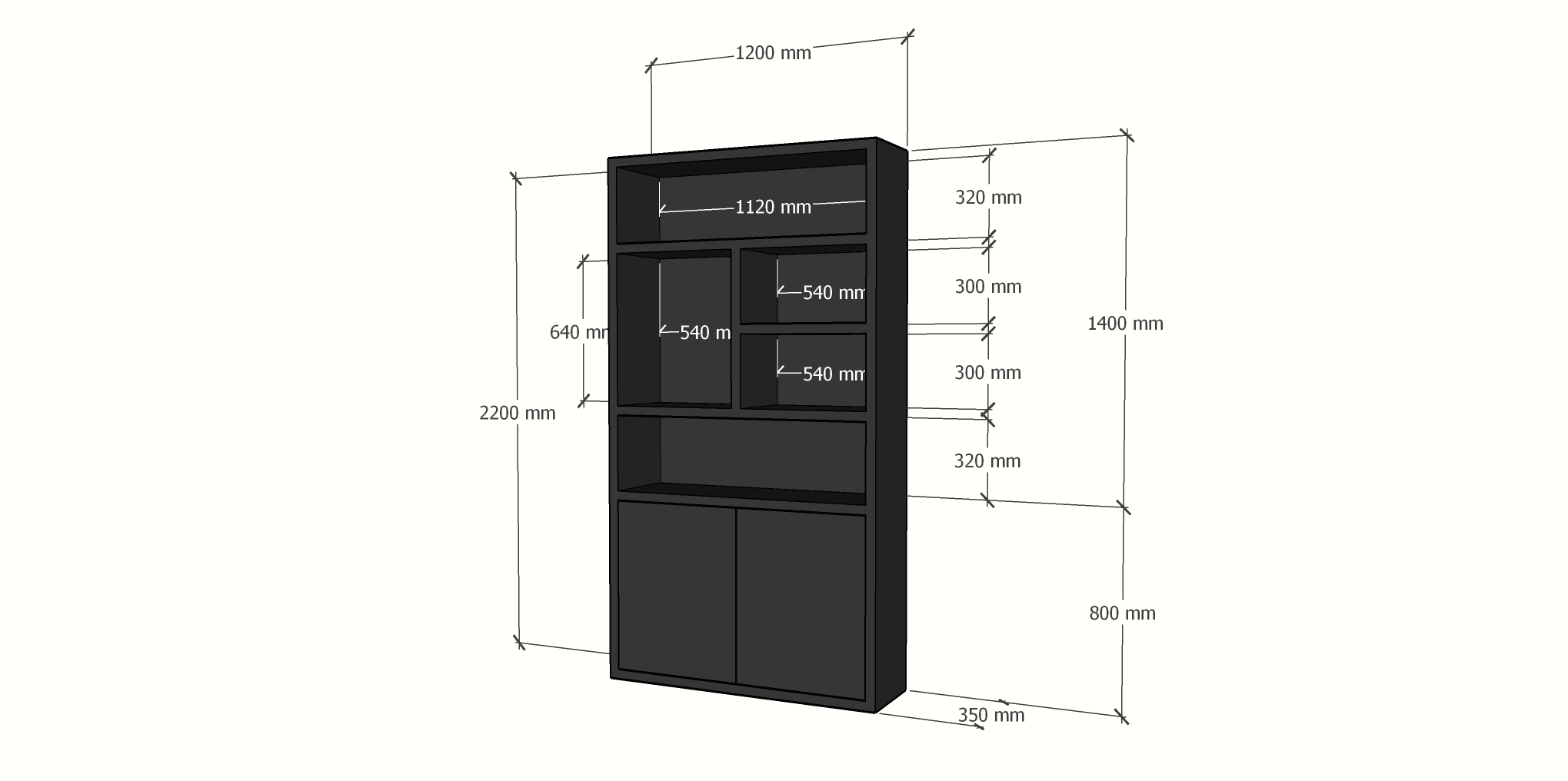 Fächerschrank Mendoza 02 - 120x35x220H cm - 2 push-to-open Türen - 5 offene Fächer