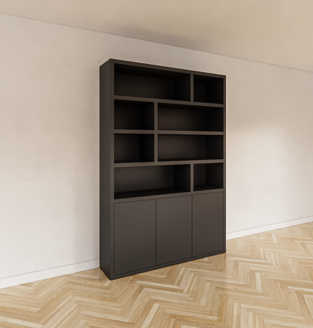 Bücherregal Mendoza 03 - 150x35x220H cm - 3 Türen zum Aufschieben - 8 offene Fächer